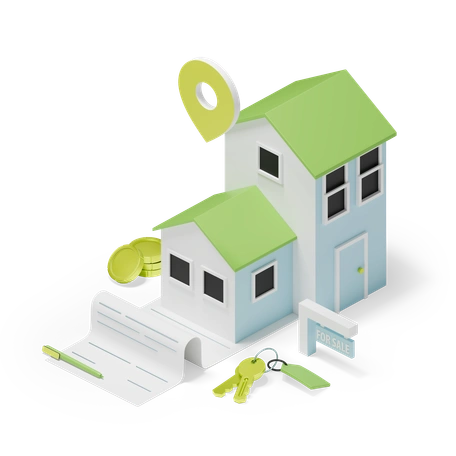 A house with a For Sale sign, a set of keys, a contract, and a location pin